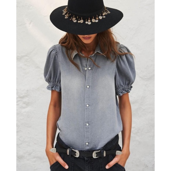 Ba&sh Danee Denim Shirt (Sz 3 / L) Puff Sleeve Button Down Light Grey - Picture 4 of 16